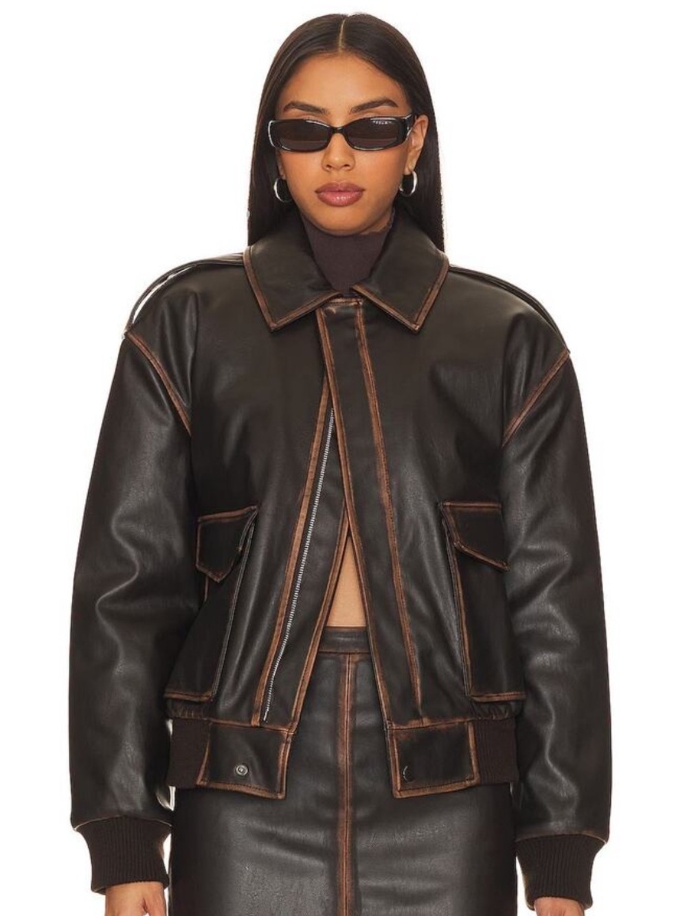 L'Academie Revolve Bo Faux Leather Brown Bomber Zip Up Jacket Size XS Small